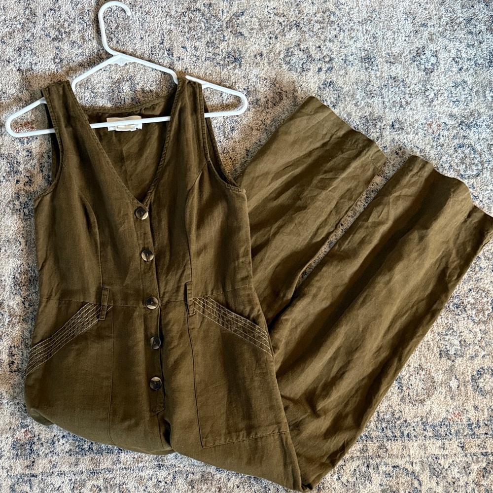 Anthropologie Olive Button-Front Jumpsuit